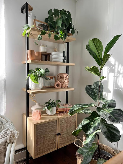 Nathan James Theo Ladder 3 tier Open Bookshelf with Rattan Drawers and Matte Steel Frame, Light Oak/Black - LeafyLoom