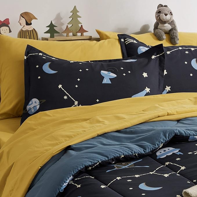 SLEEP ZONE Kids Twin Bedding Comforter Set - Super Cute & Soft Kids Bedding 5 Pieces Set with Comforter, Sheet, Pillowcase & Sham (Navy Galaxy) - LeafyLoom