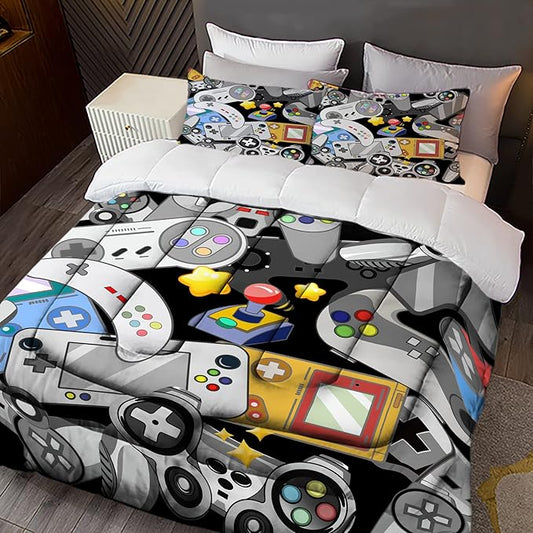 Sunnycitron Gaming Comforter for Boys Teen Gamer Comforter Full Size Gaming Bedding Kids Bed Comforter set Boys Bedding quilt Down Alternative Comforter Game Room Decor,1 Comforter +2Pillowcase - LeafyLoom