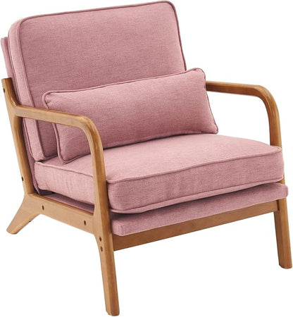 Bonnlo Linen Pink Mid Century Modern Accent Chair, Soild Wood Padding Lounge Armchairs Side Sitting Chairs for Living Room, Bedroom, Guest Room - LeafyLoom