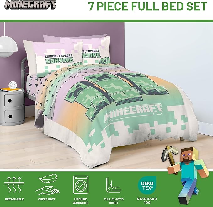 Minecraft Creeper Full Comforter Set - 7 Piece Bedding includes Sheet Set & Pillow Covers - Super Soft Pink & Green Kids Bedding - LeafyLoom