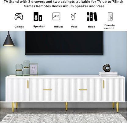 67 Inch TV Stand, Modern Television Stands with 2 Drawers and 2 Cabinets, Stylish Entertainment Center with 5 Champagne Legs for Living Room and Bedroom, White - LeafyLoom