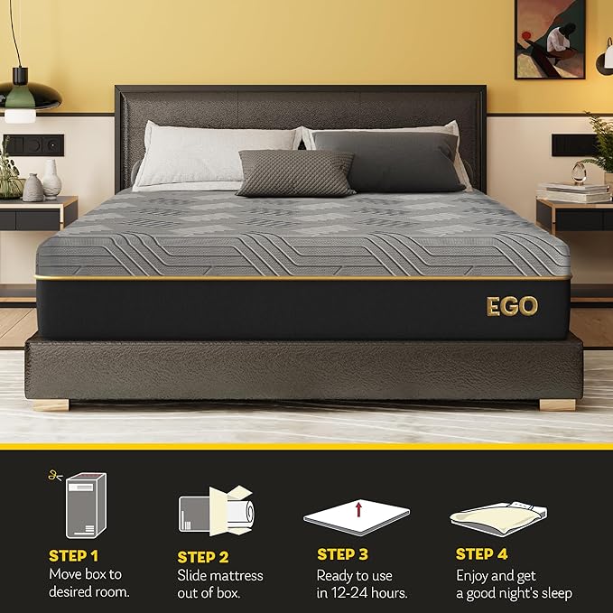 EGOHOME Hybrid Queen Mattress 12 Inch, Mattress with Cooling Cover, Comfort Foam & Pocket Spring Bed in a Box, Targeted Support Pressure Relief, CertiPUR-US Certified, Made in USA, 60x80x12 Black - LeafyLoom