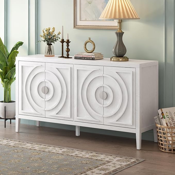 Retro Sideboard with Circular Groove Design Round Metal Door Handle,Wooden Buffet Cabinet,W/Adjustable Shelves & Open Countertop,for Entrance Living Dinning Room,White, 60" - LeafyLoom