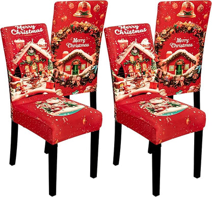 4PCS Christmas Dining Chair Covers Stretch Removable Washable Dining Room Chair Protector Slipcovers Santa Claus House Wreaths Kitchen Chair Cover Slipcover Protector for Xmas Holiday Party Home Décor CZL