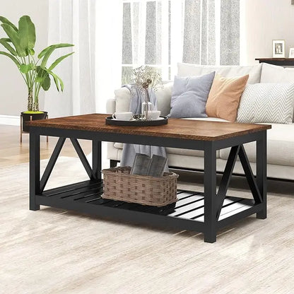 ChooChoo Black Coffee Table, Rustic Vintage Table with Shelf for Living Room, 40 Inch - LeafyLoom