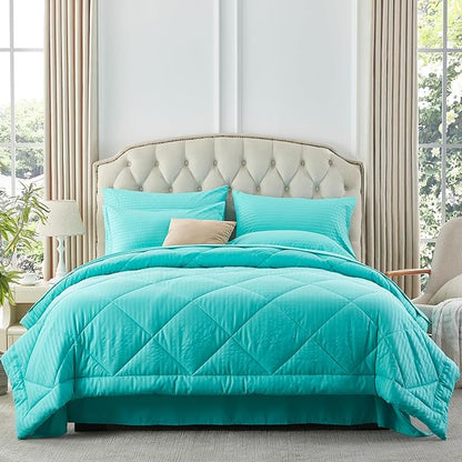 NexHome Turquoise King Bed in a Bag 7-Pieces Comforter Sets with Comforter and Sheets Soft All Season Bedding Sets with Comforter, Pillow Shams, Flat Sheet, Fitted Sheet and Pillowcases - LeafyLoom