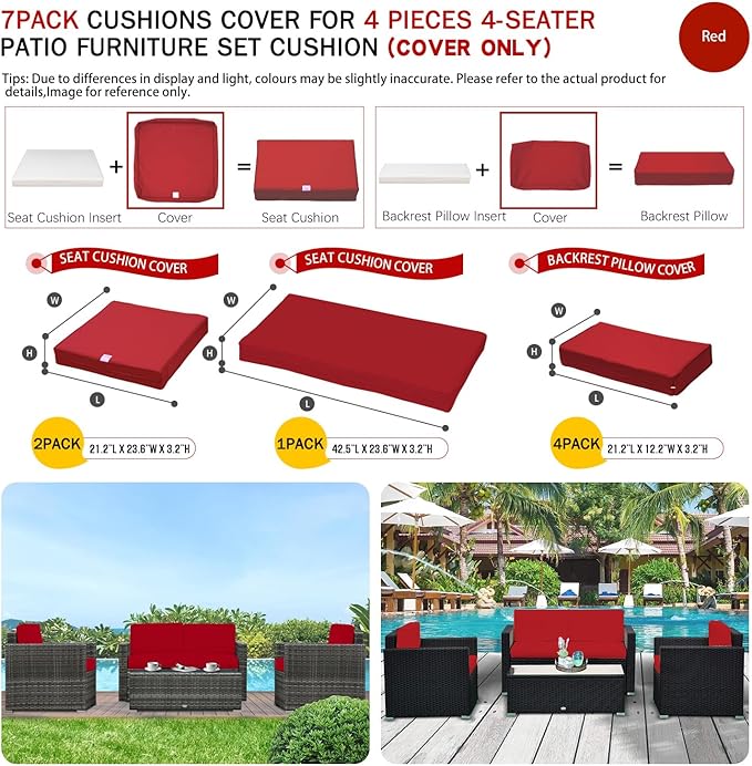 ClawsCover 7Pack Outdoor Seat and Back Cushions Replacement Covers Fits for 4-Seater 4Pieces Wicker Rattan Patio Conversation Set Sectional Couch Chair Furniture,Red-Include Cover Only - LeafyLoom