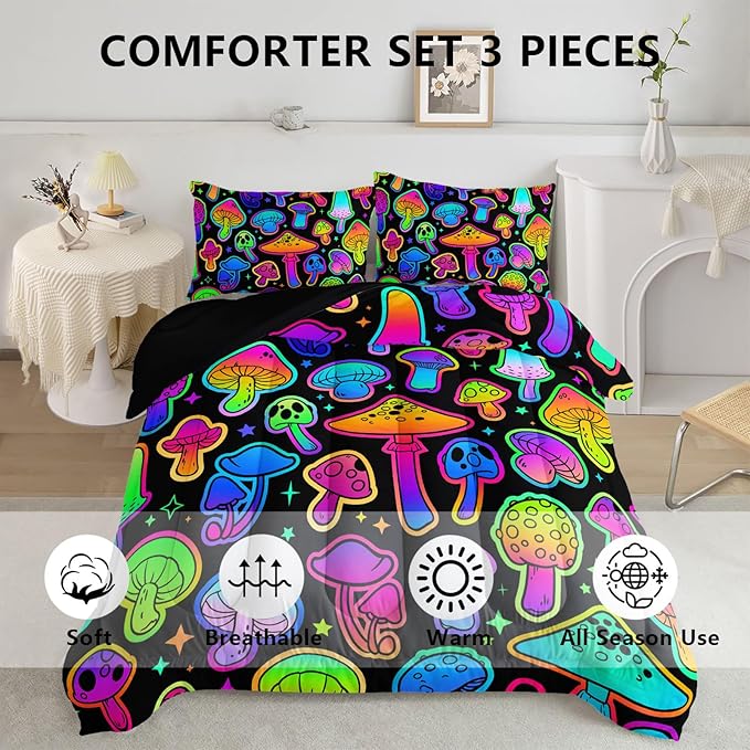 Mushroom Comforter Set Kids Bedding Set Full,3Pcs Colorful Soft Black Gradient Mushroom Quilt Set Bed in A Bag with 1 Comforter 2 Pillowcases for Kids Boys Girls Teens Adults Room Decor All Season - LeafyLoom