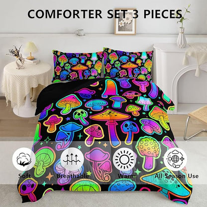 Mushroom Comforter Set Kids Bedding Set Full,3Pcs Colorful Soft Black Gradient Mushroom Quilt Set Bed in A Bag with 1 Comforter 2 Pillowcases for Kids Boys Girls Teens Adults Room Decor All Season - LeafyLoom