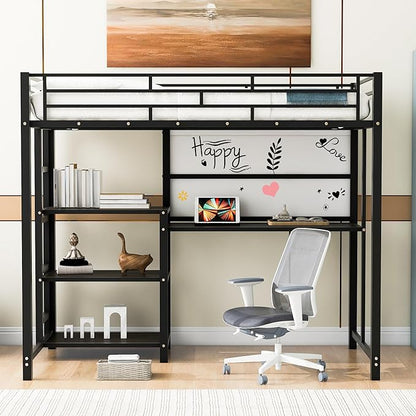 RITSU Twin Size Loft Bed, Heavy Duty Metal Bedframe with Desk and Whiteboard, 3 Big Shelves The Storage Space, Sturdy Construction, for Children's Room, Teens, Black - LeafyLoom