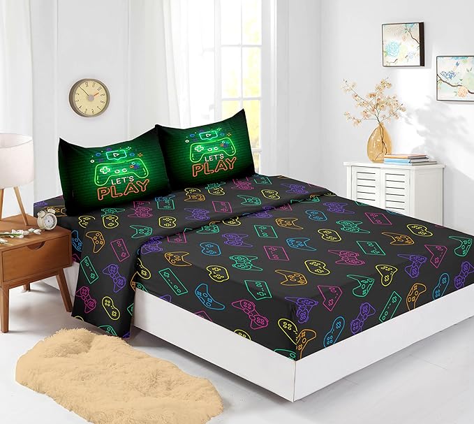 6 PCS Gamer Queen Comforter Sets,Queen Bedding Sets for Boys,Gaming Comforter Set,Queen Size Bedding Sets for Boys,Bed in A Bag with Sheets(Queen,Green Color) - LeafyLoom