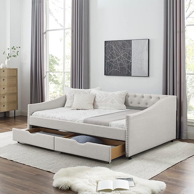 RITSU Modern Full Size Daybed with Drawers Upholstered Sofa Bed, Tufted Buttons On Back, Wooden Frame， Copper Nail On Waved Shape Arms, for Bedroom, Living Room, 80.50, Beige-1 - LeafyLoom