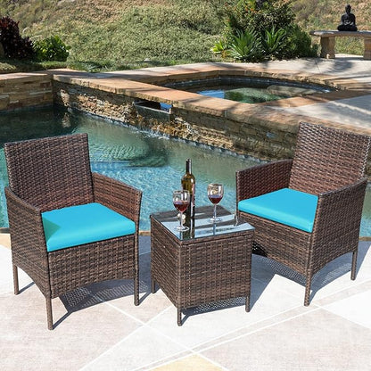 Greesum 3 Pieces Patio Furniture Sets Outdoor PE Rattan Wicker Chairs with Soft Cushion and Glass Coffee Table for Garden Backyard Porch Poolside, Brown and Blue - LeafyLoom