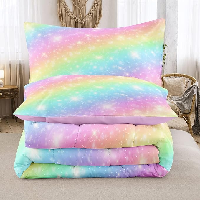 NINENINE Rainbow Bedding Sets,Pink Comforter Sets for girls,Girls Bedding Sets Full,Full Size Comforter Set for girls,Galaxy Comforter Toddler Bedding Set with 1 Comforter 2 Pillowcases - LeafyLoom