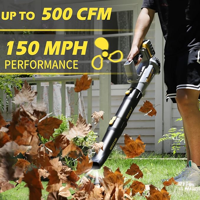 500 CFM Cordless Leaf Blower, 2 x 21V 4.0Ah Battery and Charger, Electric Leaf Blowers for Patio Cleaning, Lawn Care, Blowing Leaves and Snow - LeafyLoom