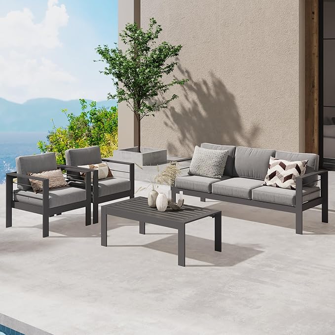 Wisteria Lane Aluminum Outdoor Patio Furniture Set, Modern Patio Conversation Sets, Outdoor Sectional Metal Sofa with 5 Inch Cushion and Coffee Table for Balcony, Garden, Dark Grey - LeafyLoom