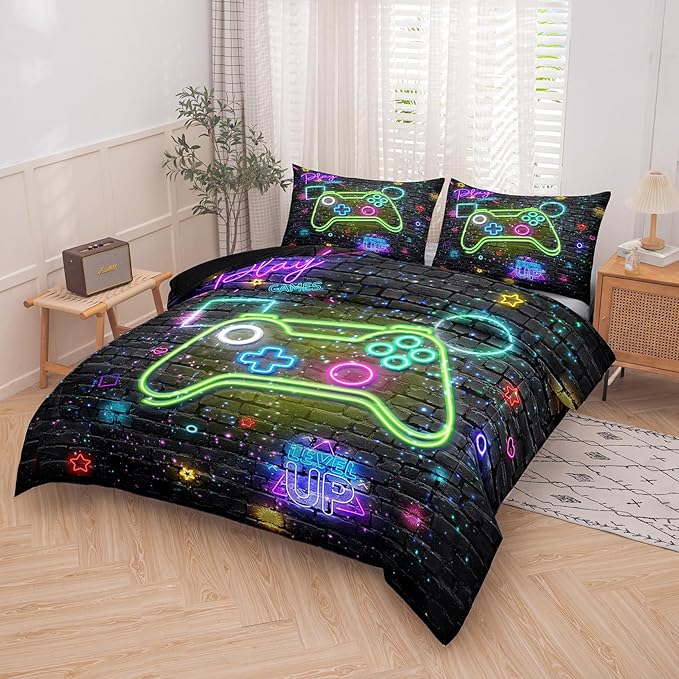 Boys Queen Size Bedding Set, Kids Bedding Sets for Boys, Gaming Comforter Sets for Boys, Teen Boys Gaming Bedding Sets, Gamer Room Decor for Boys Teens Girls (1 Comforter +2 Pillowcases) - LeafyLoom