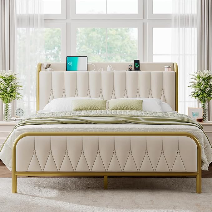 Feonase Queen Bed Frame with Type-C & USB Port, Metal Platform Beds, with Velvet Upholstered Headboard & Footboard, 12" Underbed Storage Space, Easy Assembly, Noise-Free, Gold&Beige - LeafyLoom