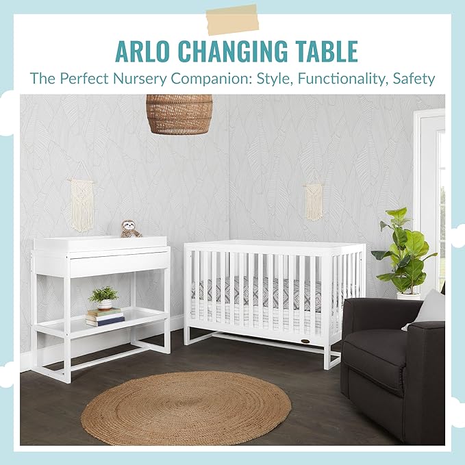 Arlo Changing Table in White, Made of Solid New Zealand Pinewood, Non-Toxic Finish, Comes with Water Resistant Mattress Pad & Safety Strap - LeafyLoom