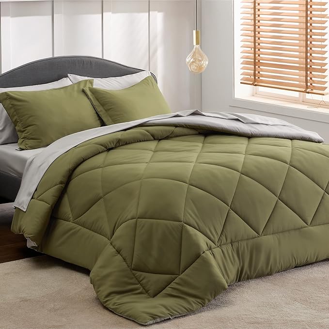 Bedsure Olive Green Twin XL Comforter Set - 5 Pieces Reversible Twin XL Bed in a Bag Twin XL Bed Set with Comforters, Sheets, Pillowcase & Sham, Twin XL Bedding Sets - LeafyLoom