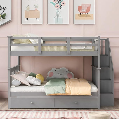 Stairway Full-Over-Full Bunk Bed with Twin Size Trundle, Storage Stairs and Guard Rail, 3-in-1 Bedframe for Bedroom Dorm, Kids Teens Adults, Gray - LeafyLoom