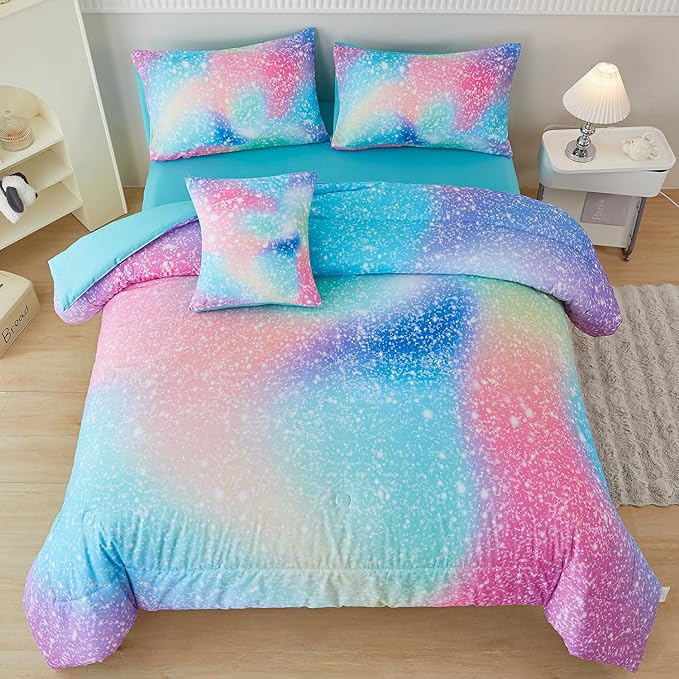 PERFEMET Rainbow Queen Girls Bedding Set, 6 Pieces Glitter Pink Green Comforter for Queen Size Bed, Colorful Tie Dye Ombre Teen Girls Bed in A Bag Comforter Set with Sheets - LeafyLoom