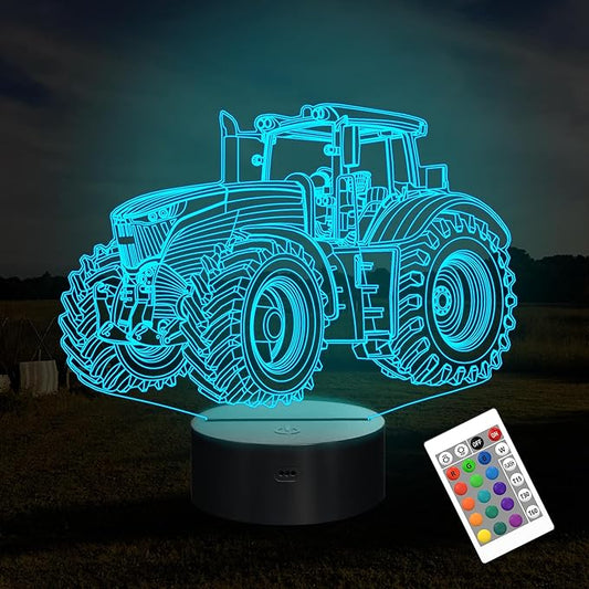 Attivolife Tractor 3D Illusion Night Lamp, 16 Color Changing Dimmable Hologram Lighting, Timer Toy USB Charge Table Desk Bedroom Decoration Creative Gift for Kid Boy with Remote Control - LeafyLoom