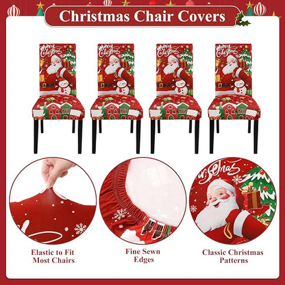 U'Artlines Christmas Chair Covers Set of 6, Removable Washable Merry Christmas Dining Chair Seat Covers Stretch Protector Slipcovers for Dining Room Kitchen Holiday Party Decor, Santa Claus UArtlines