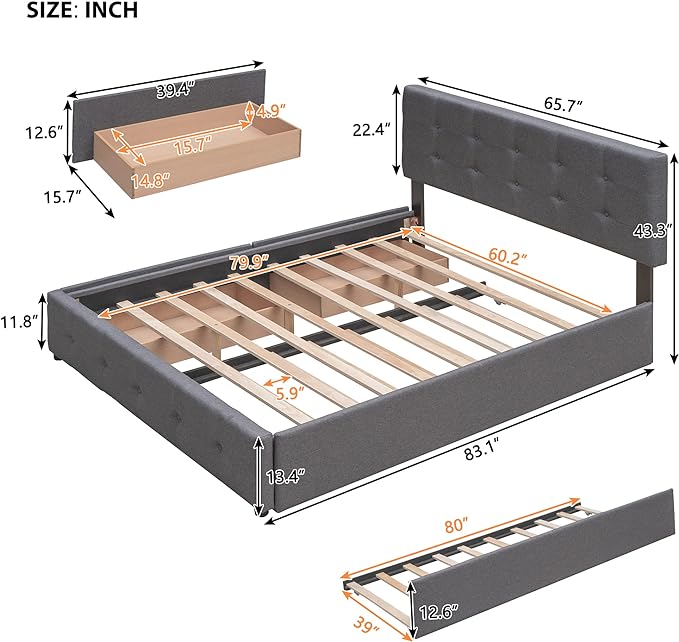 Queen Size Platform Bed, Queen Linen Fabric Upholstered Platform Bed Frame with 2 Storage Drawers and 1 Twin XL Trundle, Ideal Bedroom Furniture, No Box Spring Needed, Dark Gray - LeafyLoom