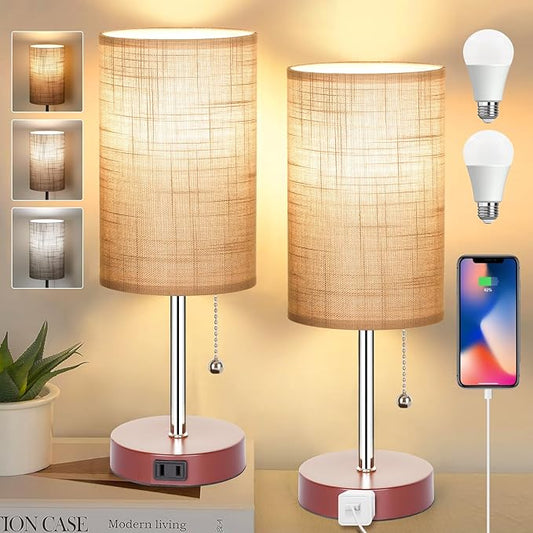 Bedside Lamp Set of 2 Table Lamps for Bedroom, 2700K/4000K/5000K Nightstand Lamp with Pull Chain and AC Outlet, Brown Table Lamp for Living Room Reading Kids Room(6W LED Bulbs Included). - LeafyLoom