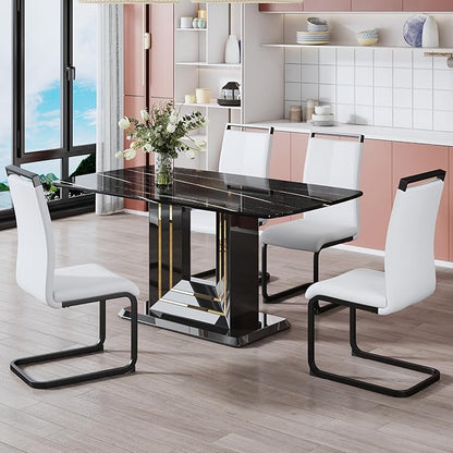 NicBex Dining Table Black Imitation Marble Pattern Desktop Black MDF Table Legs Gold Lines Black Base Suitable for Kitchen and Living Room, Black - LeafyLoom