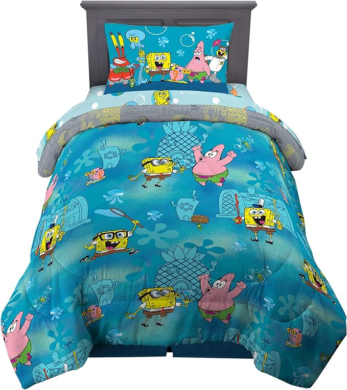 Franco Kids Bedding Super Soft Comforter and Sheet Set, 4 Piece Twin Size, Spongebob - LeafyLoom