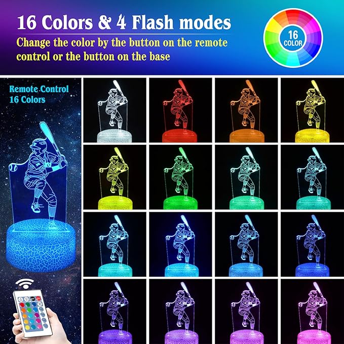 Baseball Night Light,Baseball Gifts for Boy, 3D Baseball Lamp,Kids Bedside Lamp,16 Color Change Decor Lamp with Remote & Smart Touch, Gifts for Christmas Birthday Boys Men Girls - LeafyLoom