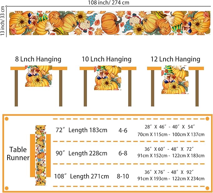 Fall Table Runner 108 Inches Long Autumn Table Runner Pumpkins Maple Leaves Gnome Fall Theme Decor for Kitchen Dining Table Home Party Decorations Unibyby