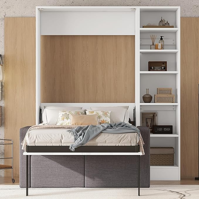 Merax Twin Size Murphy Bed Wallbed with Sofa and Side Storage Shelves,Space Saving,for Guest Living Room - LeafyLoom