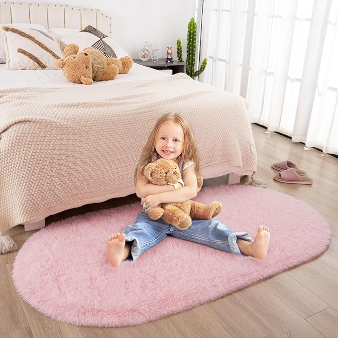 Merelax Soft Shaggy Rug for Kids Bedroom, Oval 2.6'x5.3' Pink Plush Fluffy Carpets for Living Room, Furry Carpet for Teen Girls Room, Anti-skid Fuzzy Comfy Rug for Nursery Decor Cute Baby Play Mat - LeafyLoom