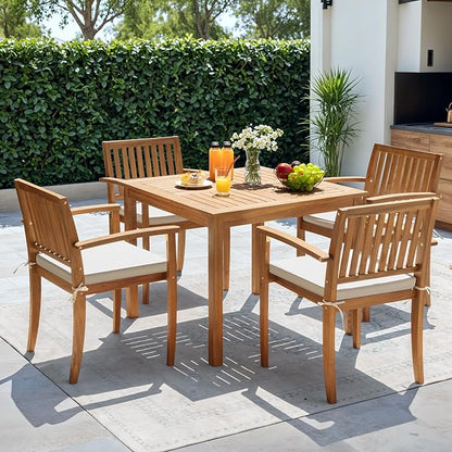 Greesum 5 Piece Patio Dining Set Outdoor Solid Wood Furniture for Yard, Garden, Porch w/Square Tabletop & 4 Chairs, White - LeafyLoom