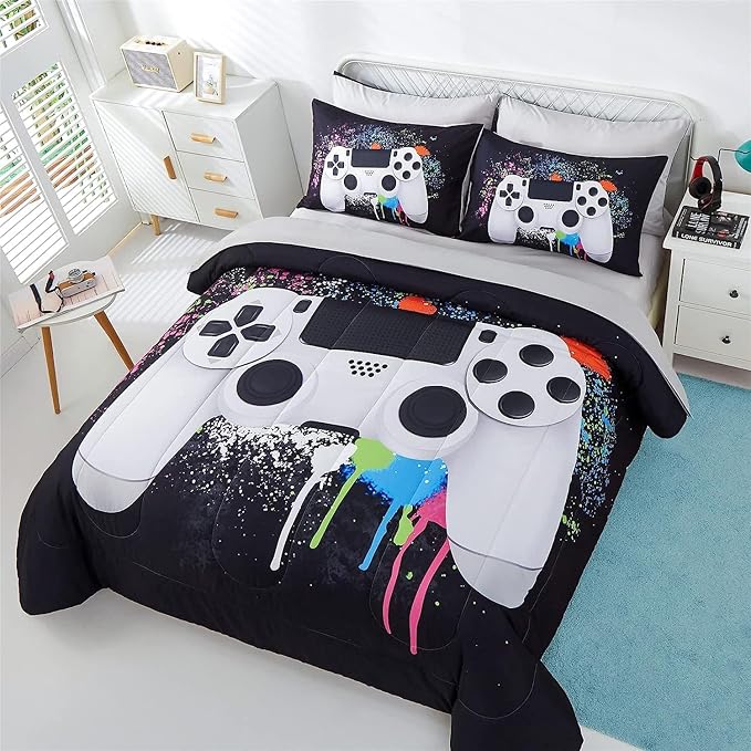 KAKKI 5 Piece Boys Full Gamer Comforter Set with Sheets, 3D Colorful Video Game Controller Comforter for Kids Teen, All Season Soft Microfiber Gaming Bedding Set(White,Full) - LeafyLoom