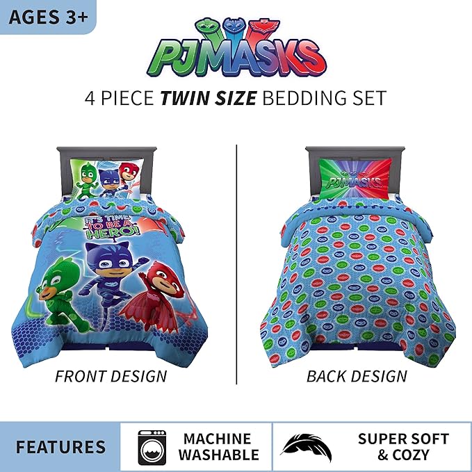 Franco Kids Bedding Super Soft Comforter and Sheet Set, 4 Piece Twin Size, PJ Masks - LeafyLoom