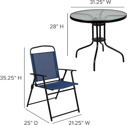 Flash Furniture Nantucket 6-Piece Patio Dining Set with Glass Table, 4 Folding Chairs, and Umbrella, Outdoor Patio Table, Chairs, Umbrella Set, Navy - LeafyLoom