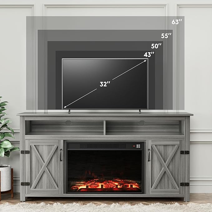 YESHOMY Fireplace TV Stand for Television up to 65+ Inch with Storage and Farmhouse Barn Doors, Entertainment Center with Cabinet and Shelves, Media Console for Living Room, Gray Wash - LeafyLoom