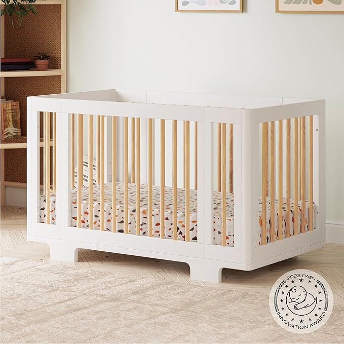 Babyletto Yuzu Convertible All-Stages Bassinet, Midi, Full-Size Crib in White with Natural, Greenguard Gold Certified, Portable & Adjustable with Conversion Kits and Pads Included - LeafyLoom