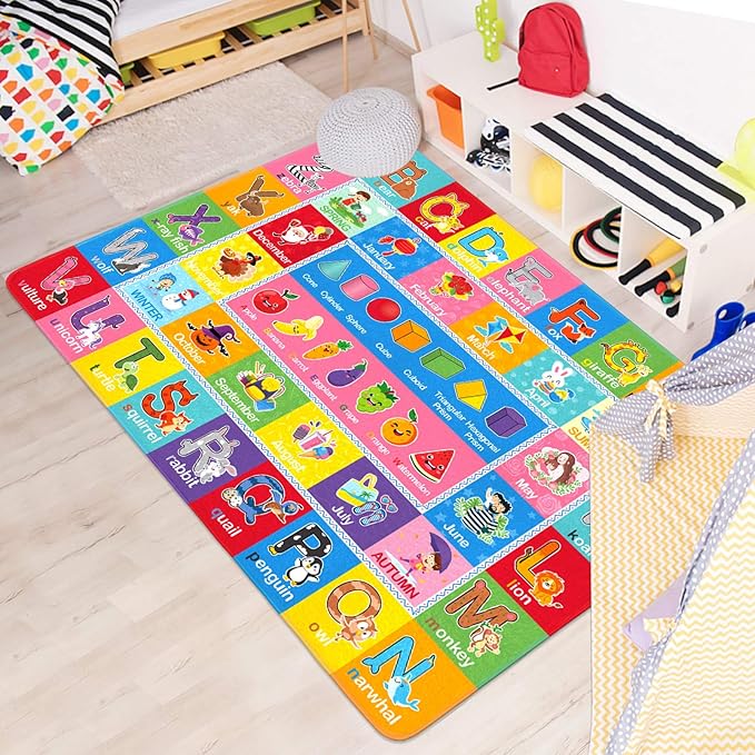 IMIKEYA Kids Play Rug Mat Playmat with Colorful Pattern, Playtime Collection ABC Alphabet, Seasons, Months, Fruit and Shapes Educational Area Rug for Kids Playroom Bedrooms, 78.7 x 59 Inch - LeafyLoom