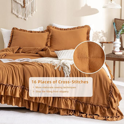 Pumpkin Farmhouse King Size Comforter Set,Shabby Boho Chic Bedding Ruffled King Bed Comforter Vintage Rustic Burnt Orange Bedding Sets 3 Pieces (1 Ruffle Comforter and 2 Pillowcases) - LeafyLoom