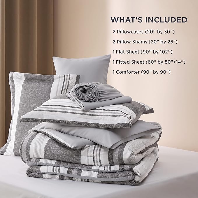 Bedsure Queen Comforter Set - 7 Pieces Grey White Striped Bedding Sets Queen Bed in a Bag with Comforters Queen Size, Sheets, Pillowcases & Shams, Bed Sets - LeafyLoom