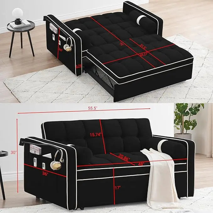 Multi-Functional Convertible Sleeper Sofa Pull Out Bed with Phone Stand and Side Pockets, 3 in 1 Futon Loveseat Couch Pullout Sofabed w/Reclining Backrest and Pillows for Living Room Office RV - LeafyLoom