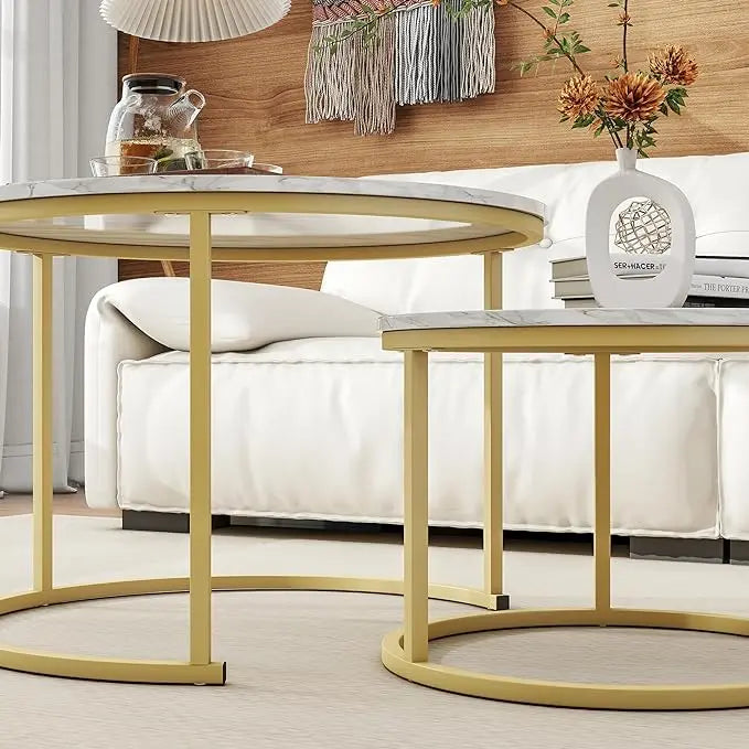 Round Coffee Table Set of 2 End Tables for Living Room,Circular and Marble Nesting Coffee Table Wooden Accent Furniture with Golden Metal Frame,Stacking Side Tables,White - LeafyLoom