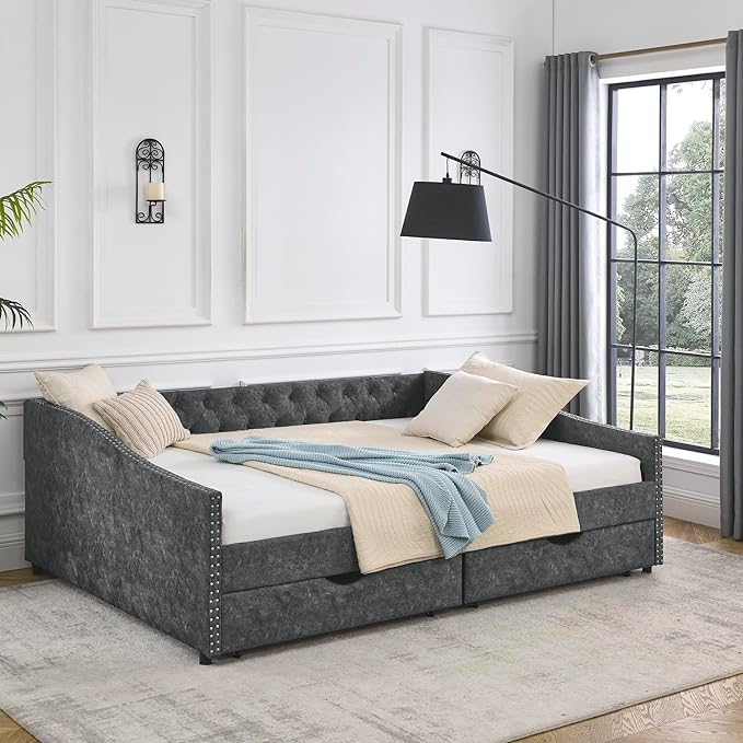 RITSU Modern Queen Size Daybed with Drawers Upholstered Sofa Bed, Tufted Buttons On Back, Wooden Frame， Copper Nail On Waved Shape Arms, for Bedroom, Living Room, Grey, 84.50 - LeafyLoom