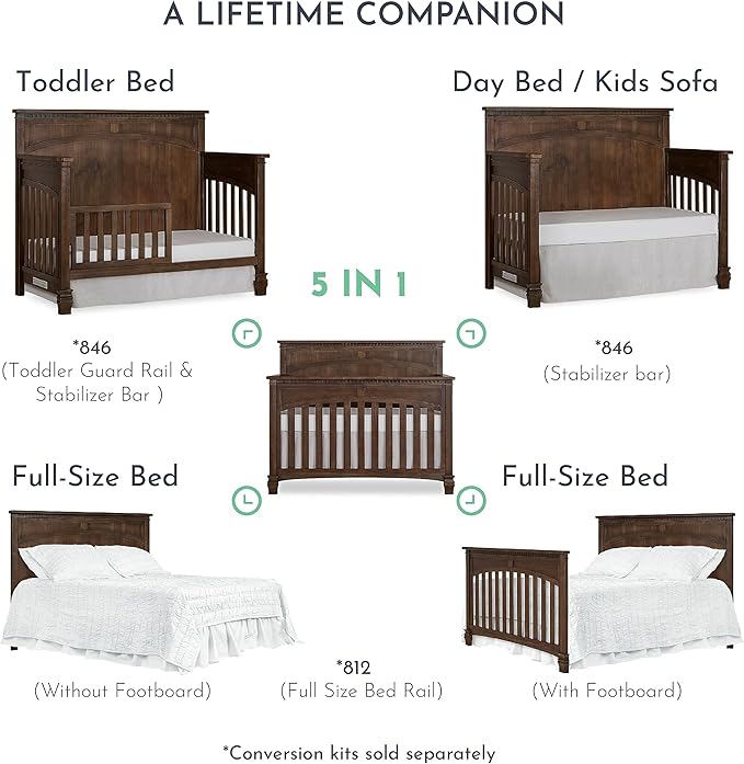 Evolur Santa Fe 5-in-1 Convertible Crib in Antique Brown, Greenguard Gold Certified, Features 3 Mattress Heights, Wooden Nursery and Bedroom Furniture, Baby Crib - LeafyLoom